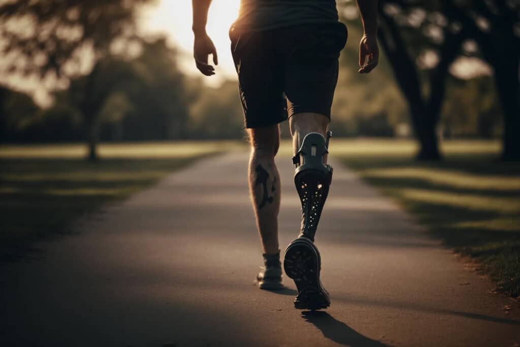 A person walks on a trail in a park. They wear a prosthetic leg and work out clothes.