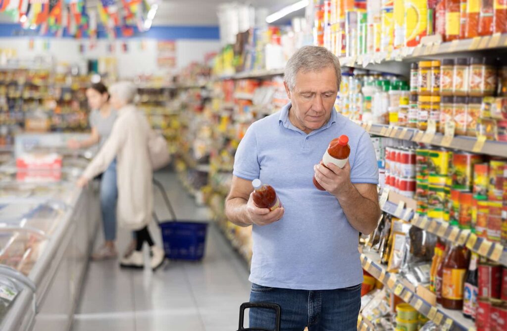 A man stands in a grocery store aisle holding 2 bottles of sauce. He reads the label of one bottle.